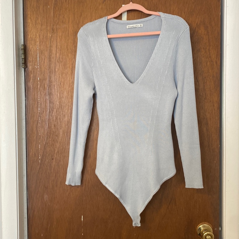 A&F Elevated Ribbed Knit Bodysuit in Light Blue- worn once!